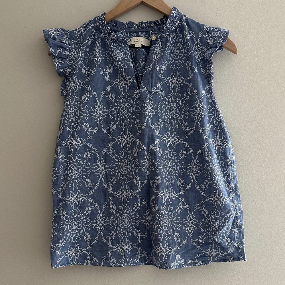 LOFT Embroidered Floral Top with Ruffle Sleeves